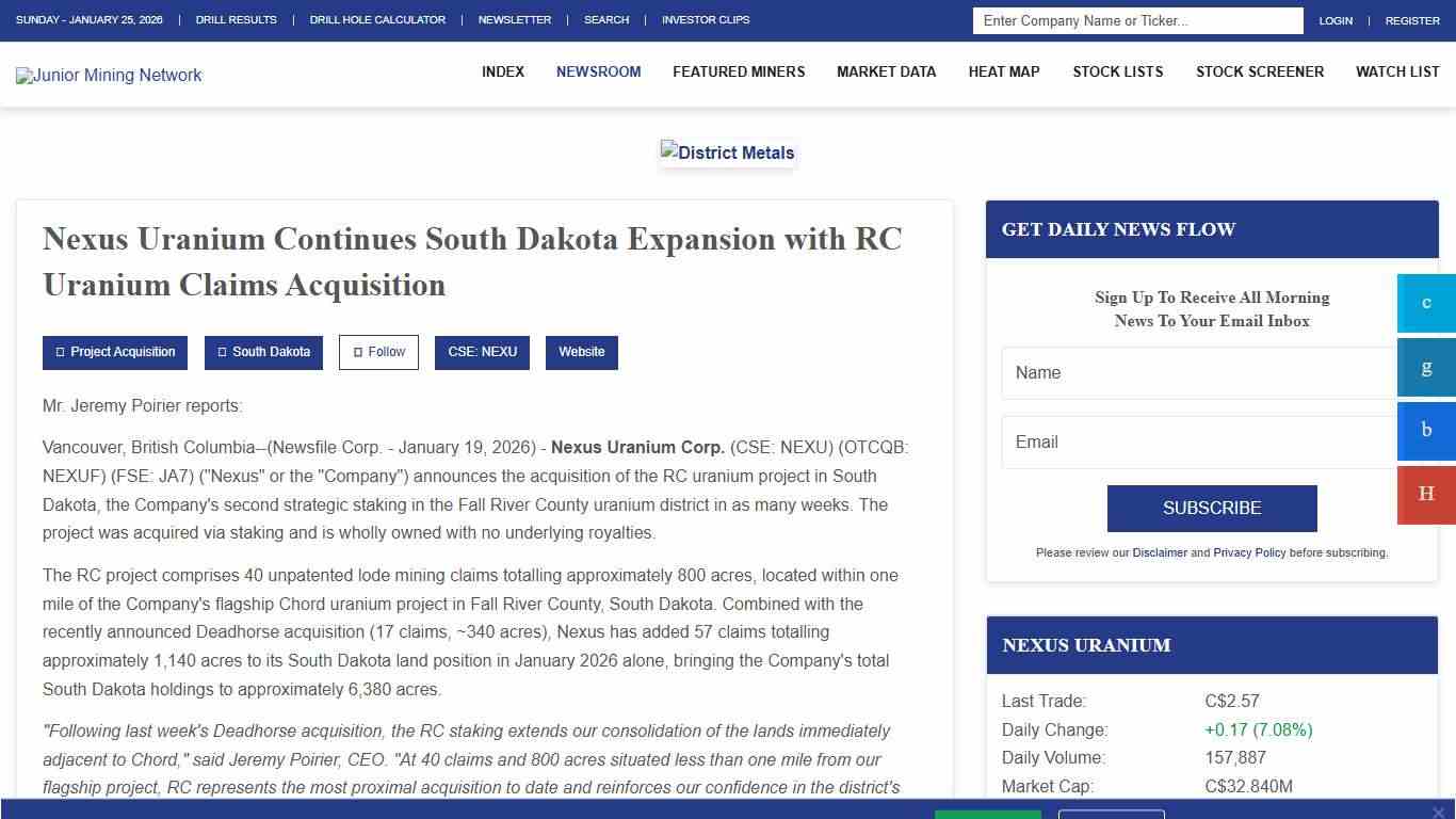 Nexus Uranium Continues South Dakota Expansion with RC Uranium Claims Acquisition - Junior Mining Network