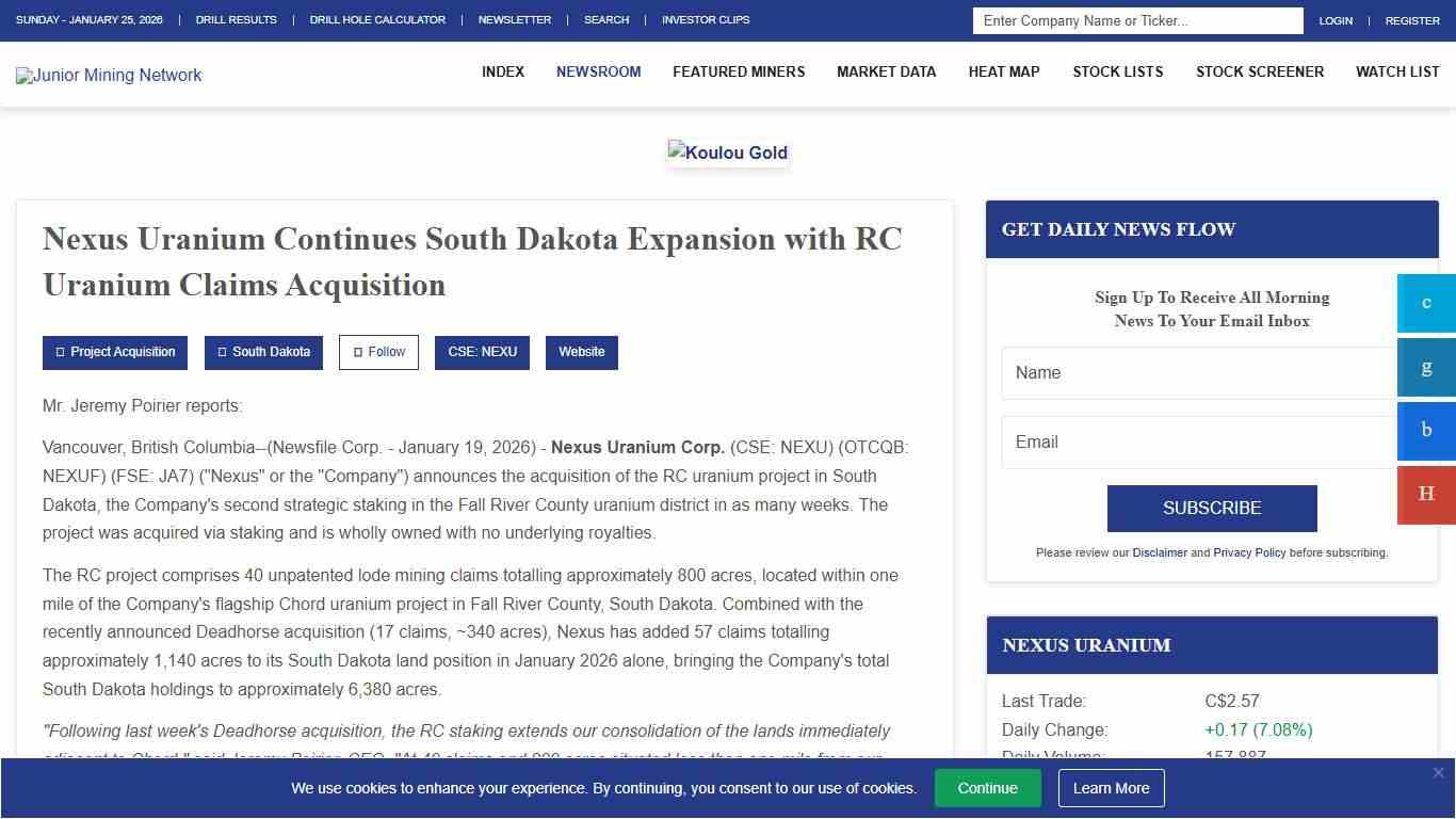 Nexus Uranium Continues South Dakota Expansion with RC Uranium Claims Acquisition - Junior Mining Network