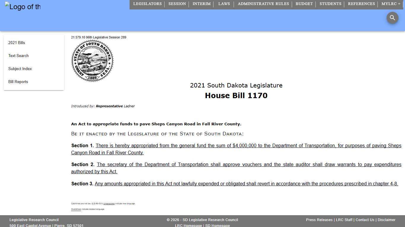 2021 House Bill 1170 South Dakota Legislature